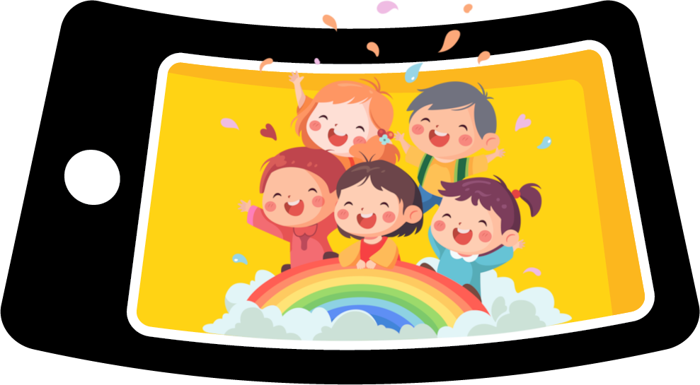 Cinq enfants qui rient sur un arc-en-ciel, dans un téléphone